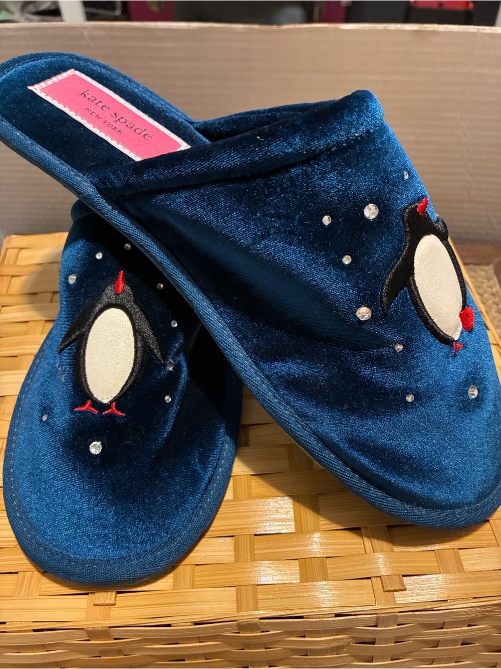 kate spade Navy Velvet Penguin Slide Slippers with Crystal Accents